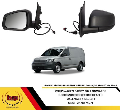 VW CADDY 2021 ON DOOR WING MIRROR ELECTRIC HEATED NO POWERFOLD BLACK PASSENGERS