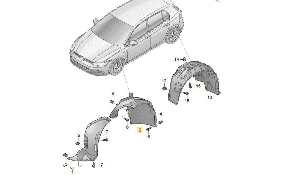 VW GOLF MK8 2020 – 2024 FRONT WING SPASHGUARD REAR PART SECTION PASSENGER LEFT