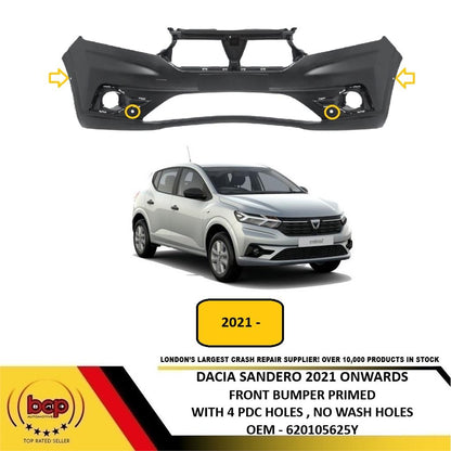 DACIA SANDERO 2021 ON FRONT BUMPER PRIMED WITH 4 PDC HOLES NO WASHER 620105625Y