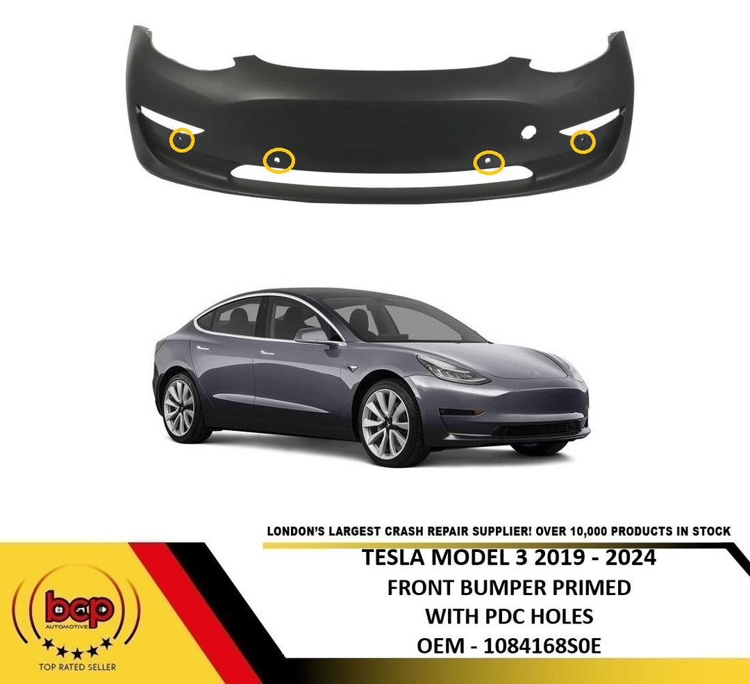 TESLA MODEL 3 2019 – 2024 FRONT BUMPER PRIMED WITH 4 PARKING SENSOR HOLES