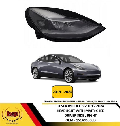 TESLA MODEL 3 2019 - 2024 HEADLIGHT WITH MATRIX LED DRIVER SIDE RIGHT 151495300D