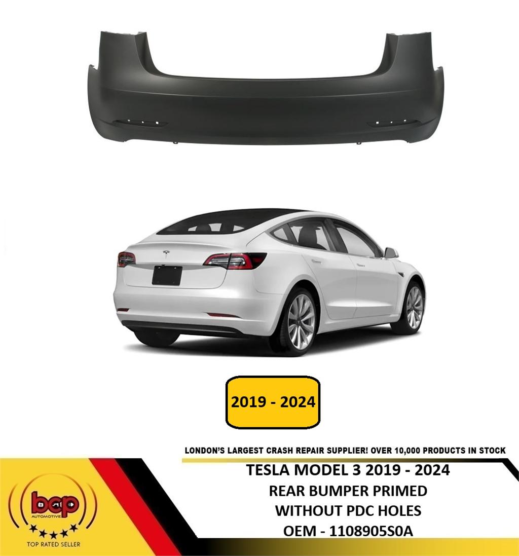TESLA MODEL 3 2019 - 2024 REAR BUMPER PRIMED NO PARKING SENSOR HOLES 1108905S0A