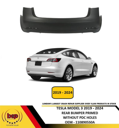 TESLA MODEL 3 2019 - 2024 REAR BUMPER PRIMED NO PARKING SENSOR HOLES 1108905S0A