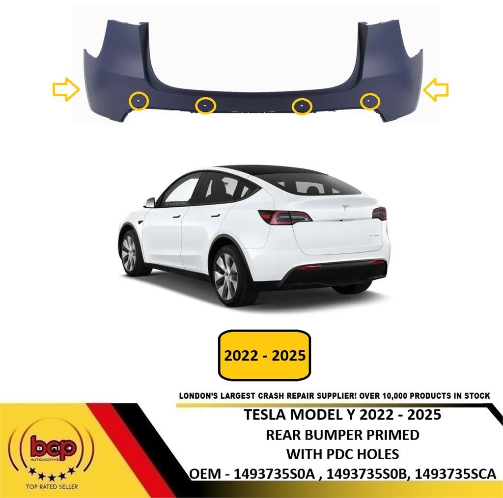 TESLA MODEL Y 2022 - 2025 REAR BUMPER PRIMED WTH 6 PARKING SENSOR HOLES NEW